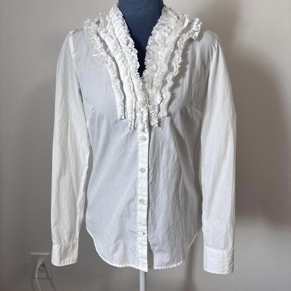 J.Crew Ruffled White 100% Cotton Tuxedo Blouse Y Neck 0